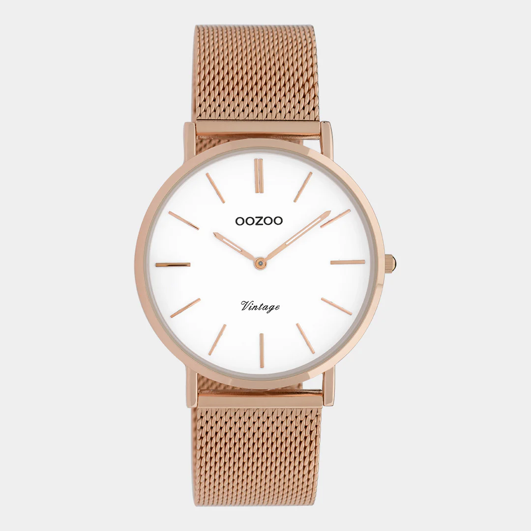 OOZOO Vintage – C9918 – Unisex – Edelstahl-Mesh-Armband – Roségold/Weiß